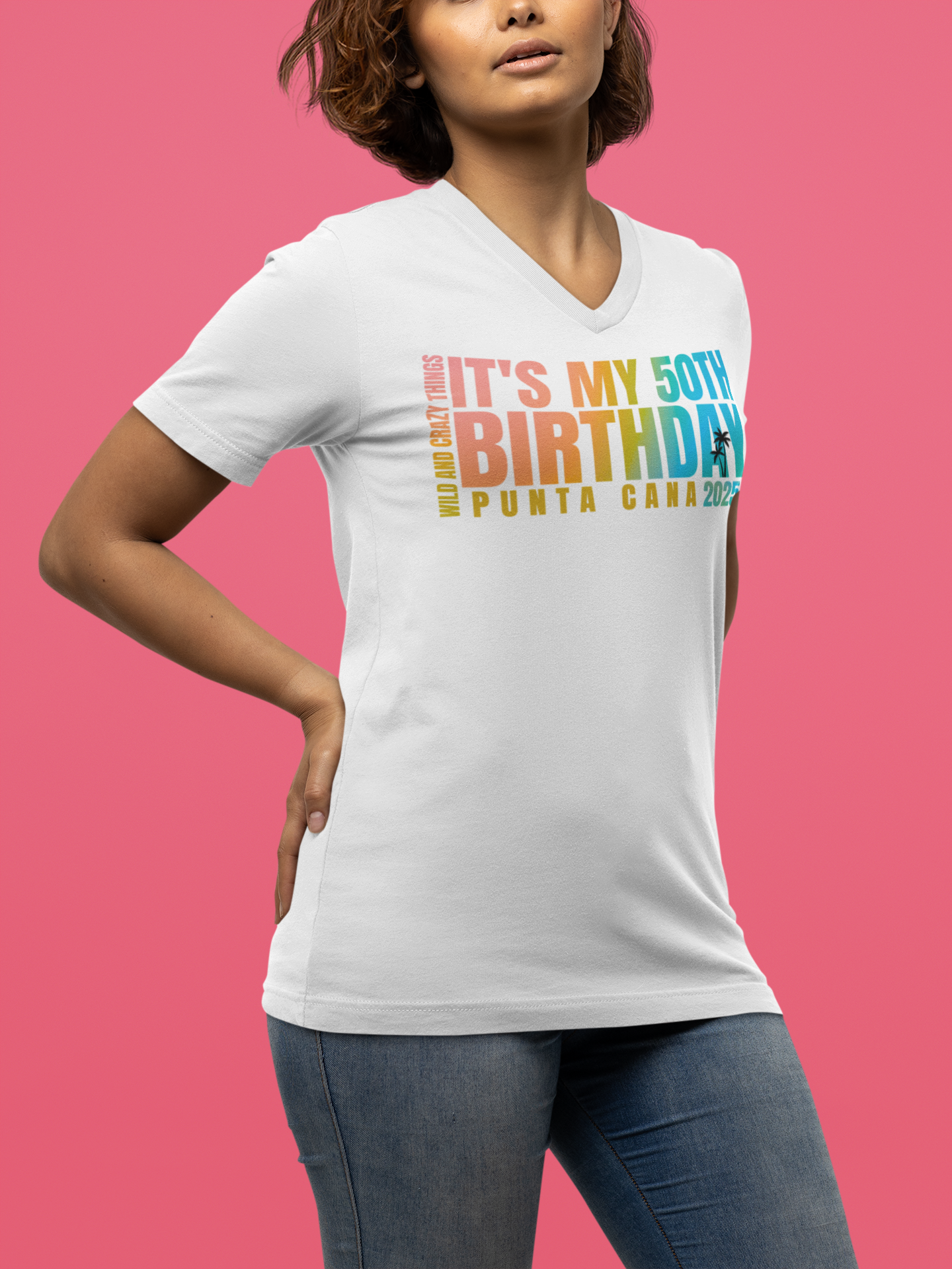 Veinesha 50th Birthday V-Neck Tee, Women's Birthday Shirt, Punta Cana Party Top, Milestone Celebration Gift, Fun Vacation Apparel