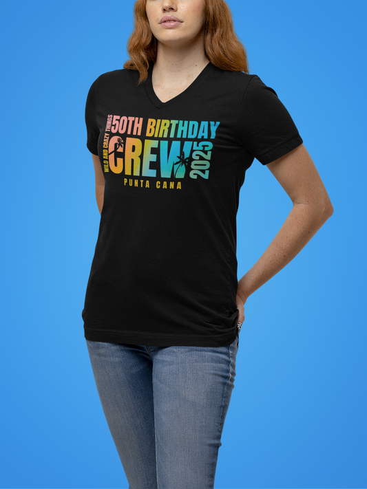 CREW V-Neck Veinesha 50th Birthday Crew V-Neck Tee, Women's Birthday Shirt, Punta Cana Party Top, Milestone Celebration Gift, Fun Vacation Apparel